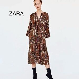ZARA Brown Floral Patchwork Midi Dress with V-Neck